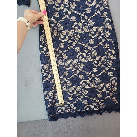 Belle Badgley Mischka Blue Lace Bodycon Dress Romantic Cottagecore Elegant Sz 6 - Picture 9 of 11